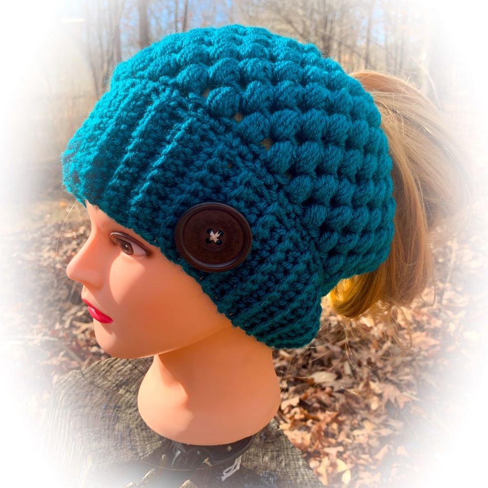Dark Teal Blue/Green Crochet Handmade Slouch Womens/Teens Messy Bun/Ponytail Hat